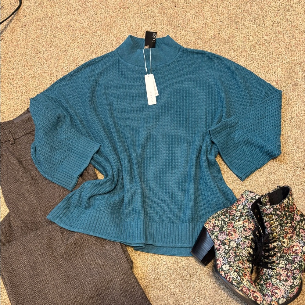 🆕Bnwt Lilla P mock neck short sleeve Teal Ribbed Knit Sweater